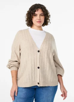 Strickjacke mit Rippstruktur und Ballonärmeln
