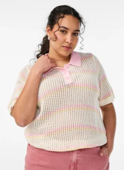 Strick-Polo mit Lochstickerei und Streifen