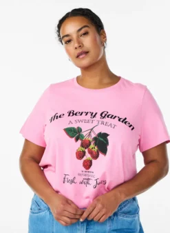 T-Shirt aus Baumwolle mit Früchte-Print und Text