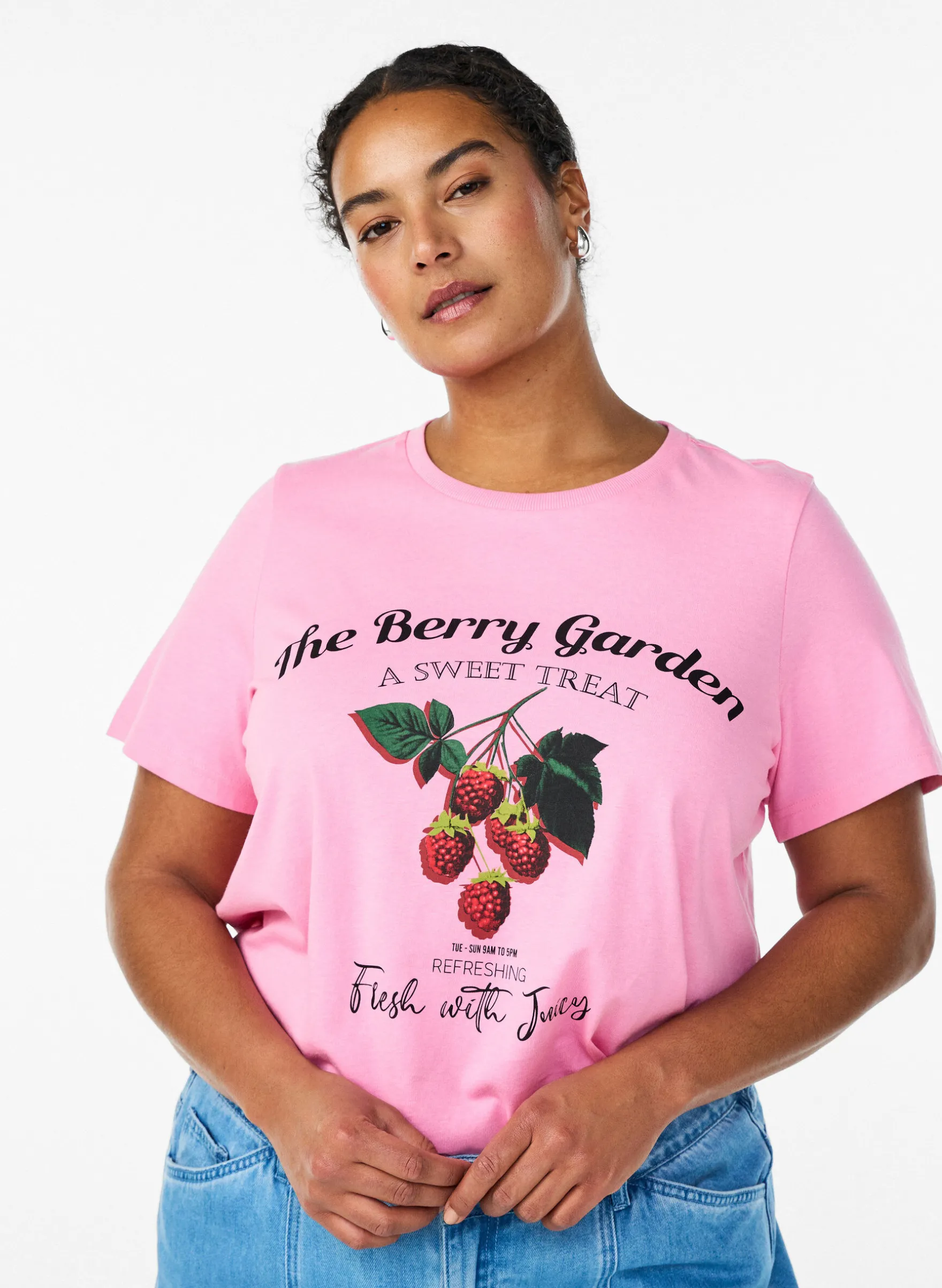 T-Shirt aus Baumwolle mit Früchte-Print und Text