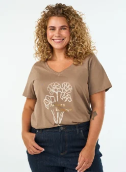 T-Shirt aus Baumwolle mit Frontprint und V-Ausschnitt