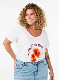 T-Shirt aus Baumwolle mit Frontprint und V-Ausschnitt