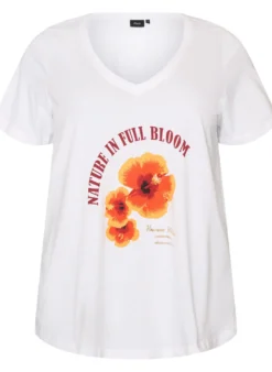T-Shirt aus Baumwolle mit Frontprint und V-Ausschnitt