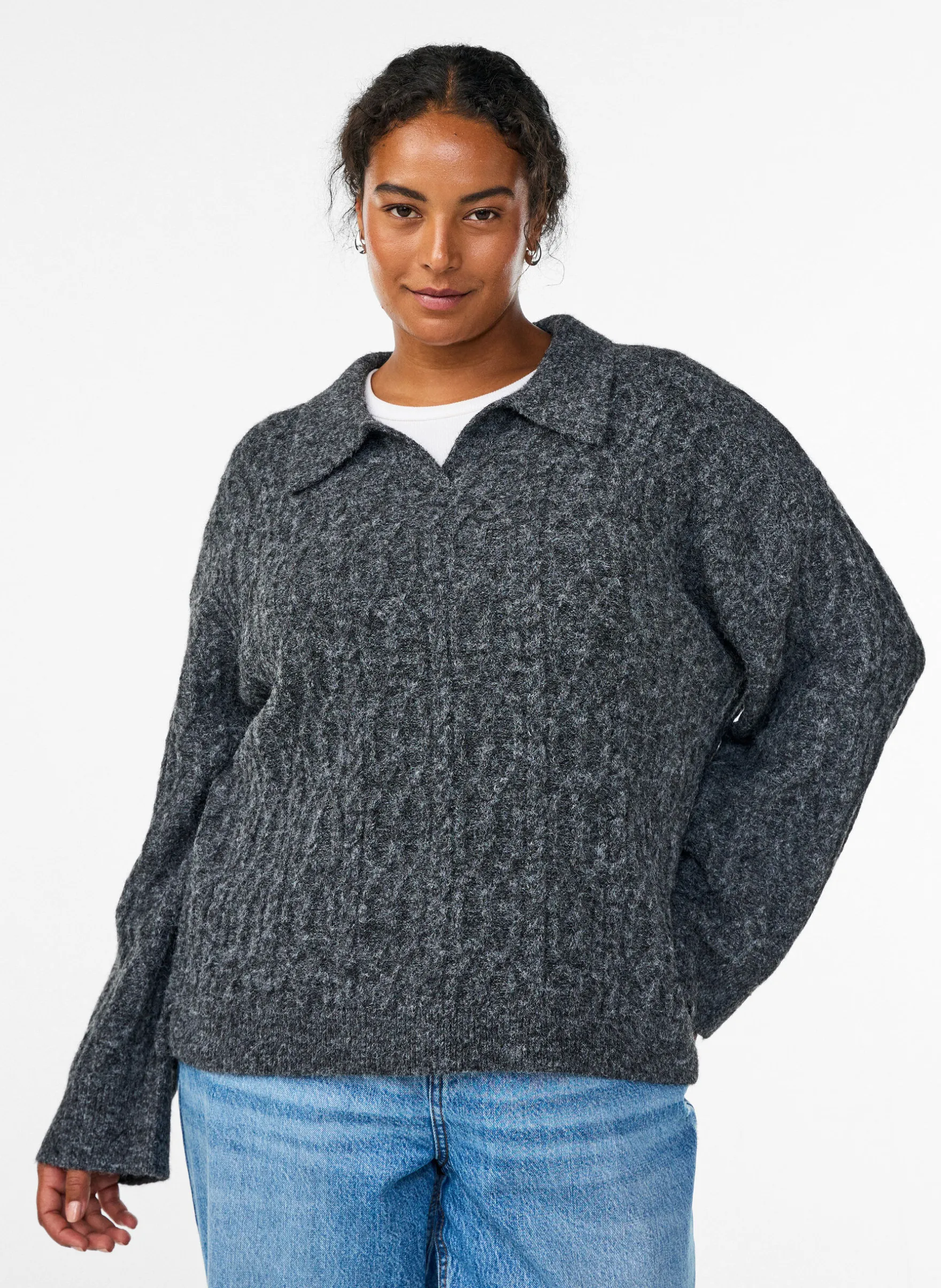 Zopfmuster-Pullover mit Polokragen